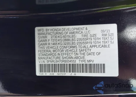 2024 Honda Odyssey Sport from USA, damaged, VIN 5FNRL6H70RB004552